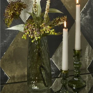 Grn glas lysestage. H 15 cm