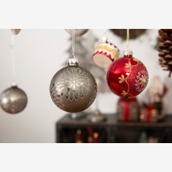 Julekugle  gr med slvglimmer, 8 cm