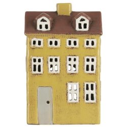 Fyrfadshus inspireret fra Nyhavn , 3 etager i gul med brun tag og gr dr 