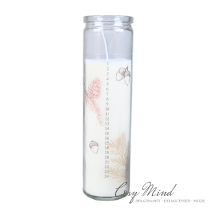 Kalenderlys i glas, med tal 1-24. Brndetid 60 t