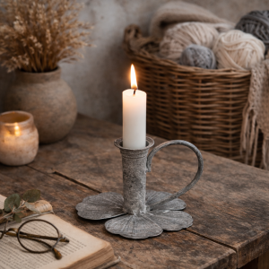 Lysestage i jern med bladfod  antik zink H9 cm