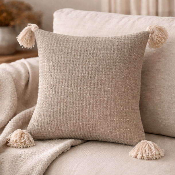 Pudebetr�k i bomuld med kvaster | Lys gr� pude 48x48 cm