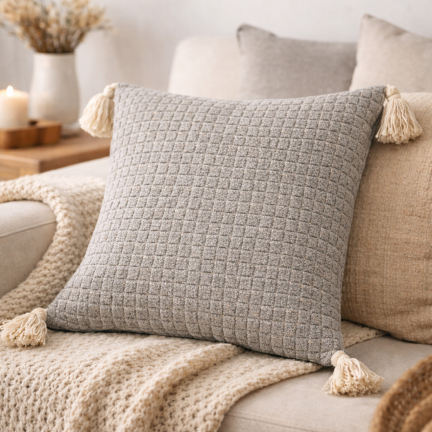 Pudebetr�k i bomuld med kvaster m�rk gr� 48x48 cm