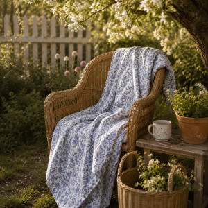 Vatteret quilt med bl� blomster, 2 sider.