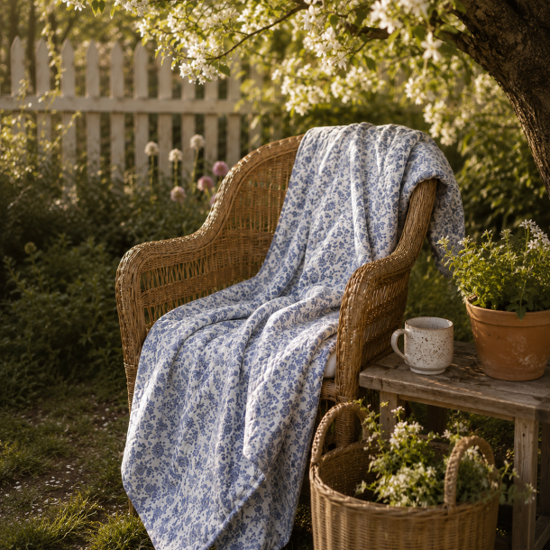 Vatteret quilt med bl� blomster, 2 sider.