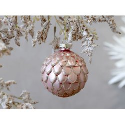 Hndmalet julekugle i rosa farvet glas.  8 cm