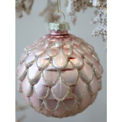 Hndmalet julekugle i rosa farvet glas.  8 cm